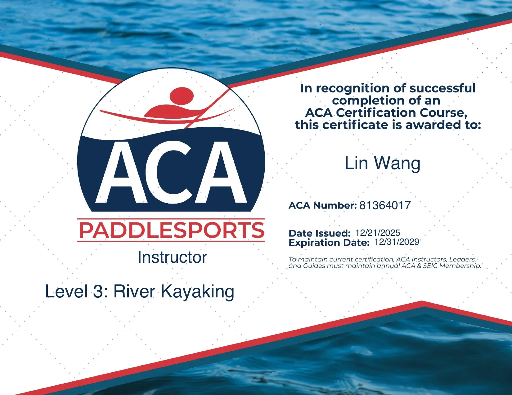 美國 ACA Level 3: River Kayaking Instructor 指導員官方認證證書