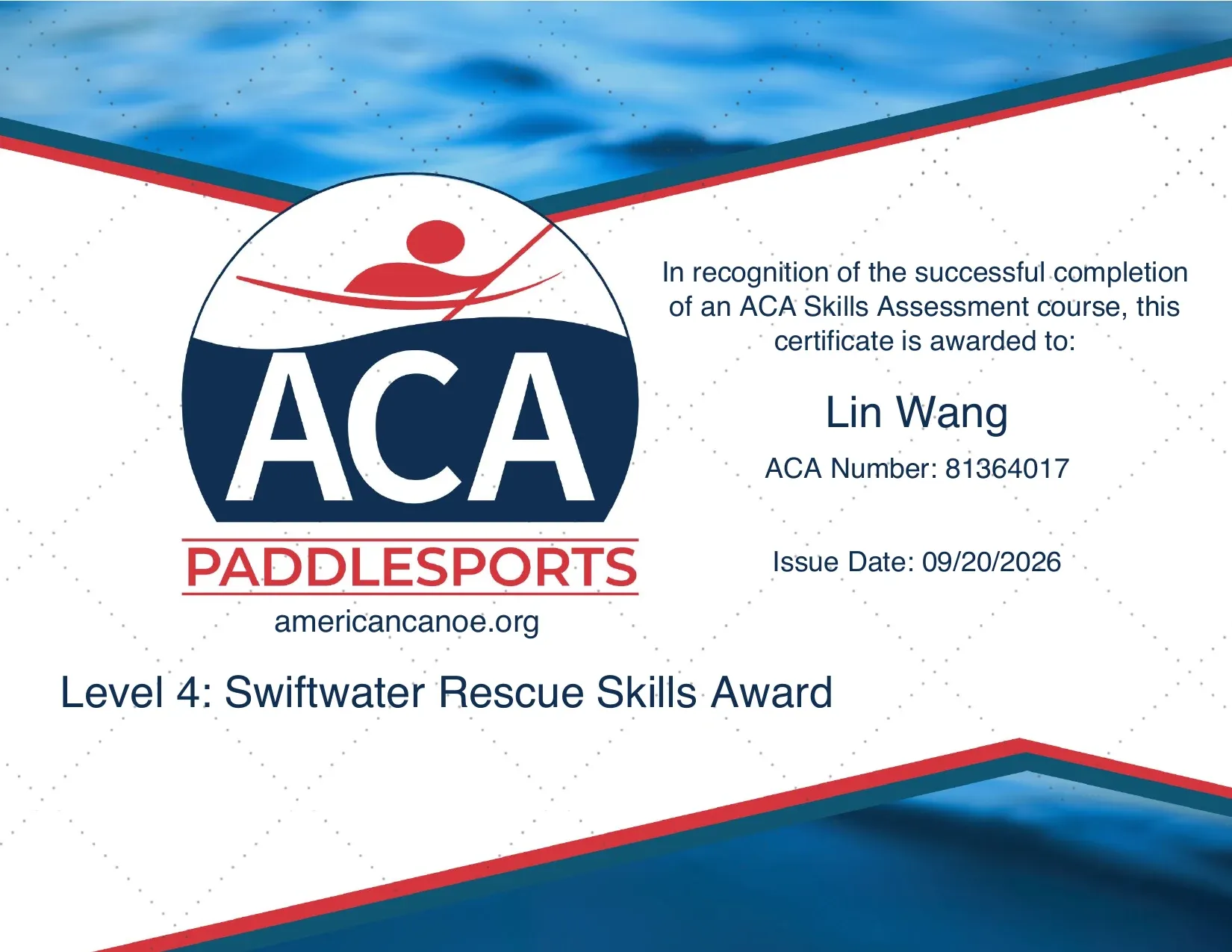 美國 ACA Level 4: Swiftwater Rescue Skills Award 激流救援實務受訓證書